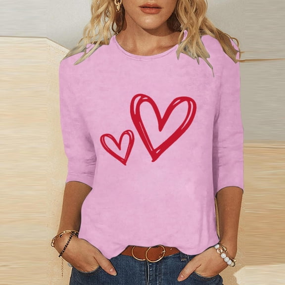 Women's Valentine Tops 3/4 Sleeve Crew Neck Cute Graphic Print Pullover Plus Size Loose Casual Blouse (3XL, Pink-L)