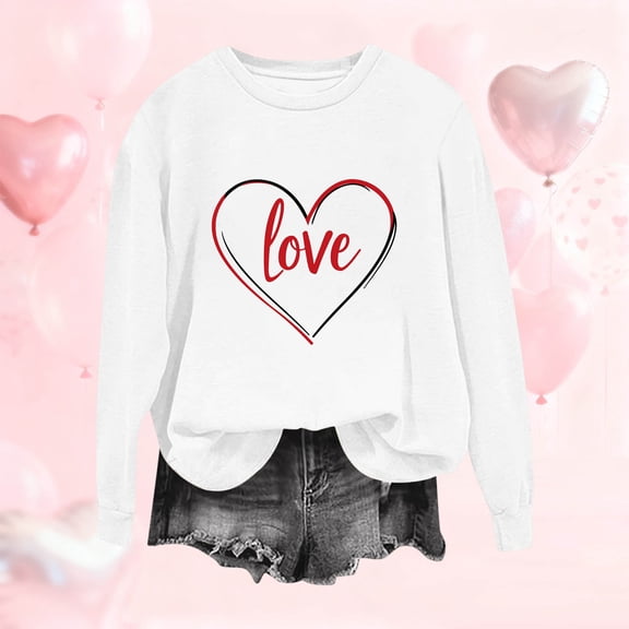 Women's Valentine Tops Crew Neck Long Sleeve Cute Graphic Print Tees Trendy Casual Loose Festival Outfits (XL, White-K)
