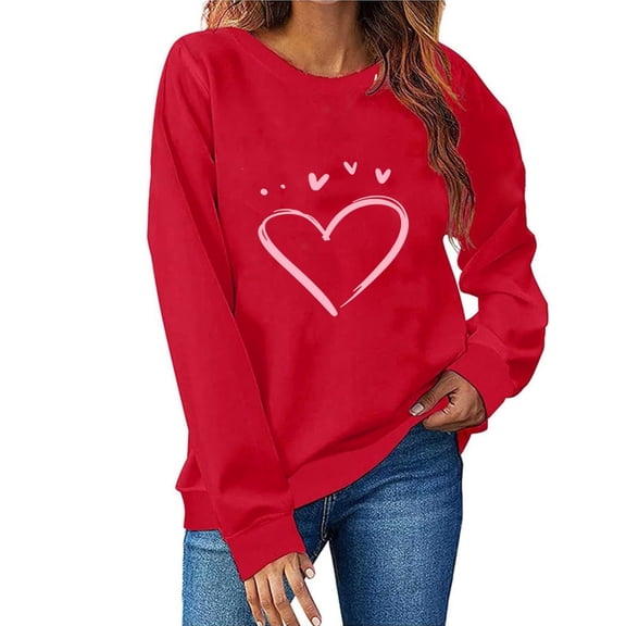 Women's Valentine's Crewneck Sweatshirt Sunburst Heart Print Long Sleeve Pullover for Romantic Evenings Red-1 S