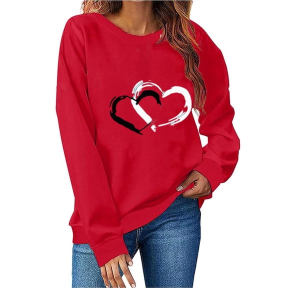 Women's Valentine's Crewneck Sweatshirt Sunburst Heart Print Long Sleeve Pullover for Romantic Evenings Red-5 S