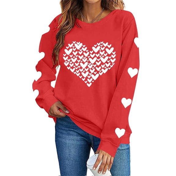Women's Valentine's Crewneck Sweatshirt with Heart Print Long Sleeve Pullover for Romantic Celebrations Red-2 XS