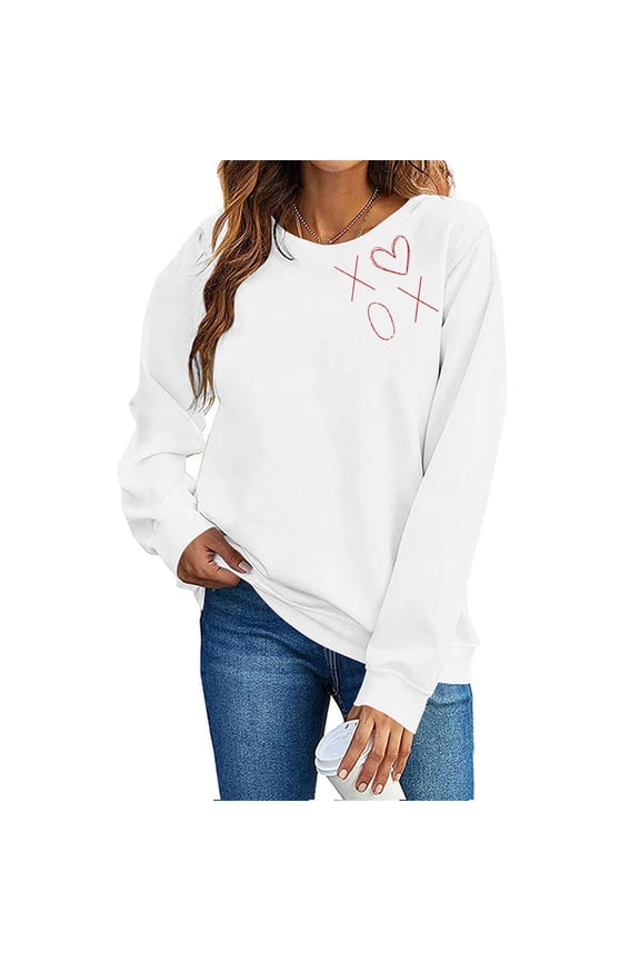 Women's Valentine's Crewneck Sweatshirt with Heart Print Long Sleeve Pullover for Romantic Outings White-1 S