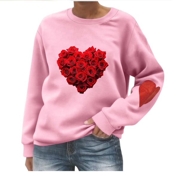 Women's Valentine's Crewneck Sweatshirt with Rose Heart Print Long Sleeve Pullover for Romantic Gatherings Pink M