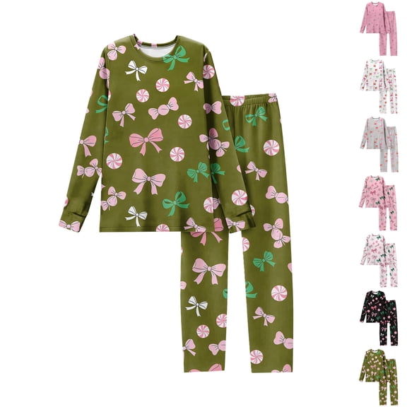 Women's Valentine's Day 2 Piece Pajama Sets Long Sleeve Top & Pants Bow Print Soft Lounge Sleepwear Green 3XL