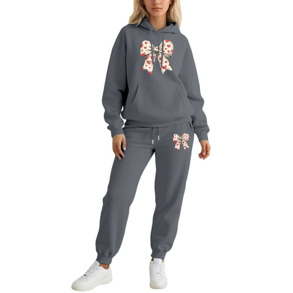 Women's Valentine's Day 2 Piece Sweatsuit - Funny Bow Graphic Hoodie & Jogger Pants Athletic Trackset