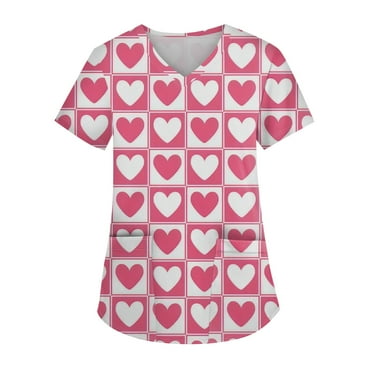 Women's Valentine's Day Anniversaries Workwear Scrubs Uniform Subtle Women's Fashion V-Neck Short Sleeve Workwear with Pockets Printed Tops Women Scrubs Medical Uniform (Pink) 2XL