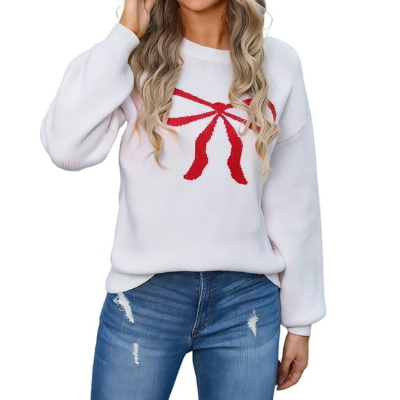 Women's Valentine's Day Casual Sweater Long Sleeved Bow Print Knitwear Warm Cozy Knit Tops White XL