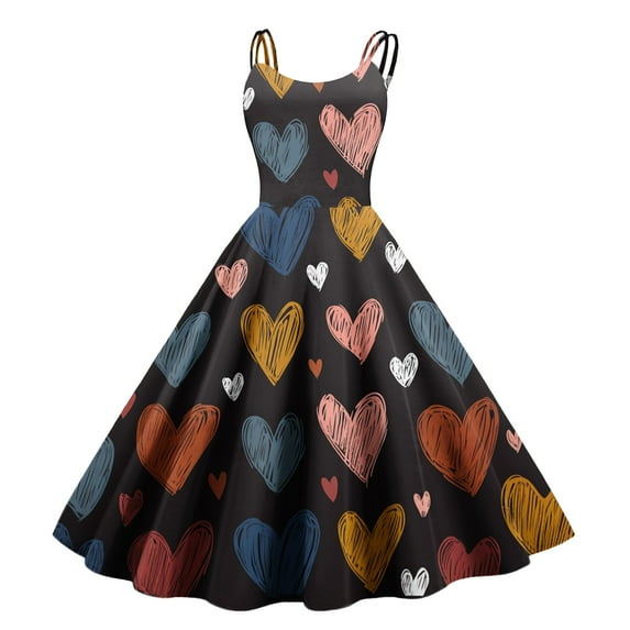 Women's Valentine's Day Dresses Love Heart Print Off Shoulder Vintage Sleeveless Dress Dark Blue M