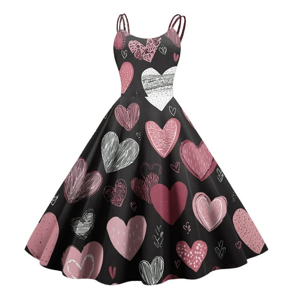 Women's Valentine's Day Dresses Love Heart Print Off Shoulder Vintage Sleeveless Dress Navy 2XL