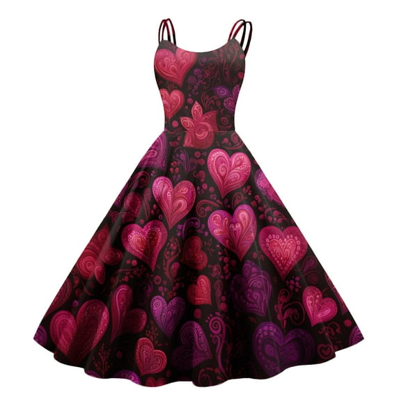 Women's Valentine's Day Dresses Love Heart Print Off Shoulder Vintage Sleeveless Dress Pink XL