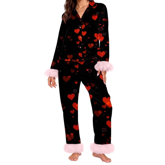 Women's Valentine's Day Easter Heart & Bow Print Pajama Set Satin Trim Long Sleeve Shirt and Pants Soft Loungewear