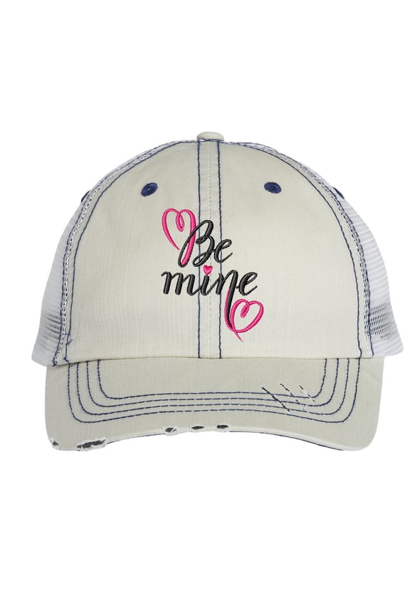 Women's Valentine's Day Embroidered Distressed Trucker Hat, Be MIne, Putty