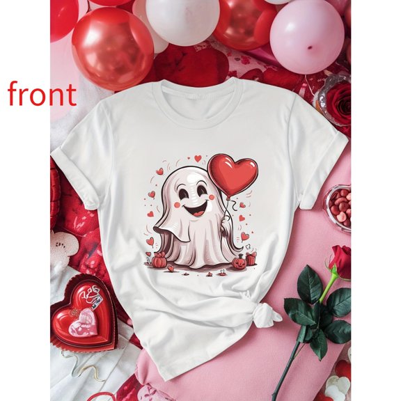 Women's Valentine's Day Ghost Graphic T-Shirt，Casual Short Sleeve Tee Tops，Soft Stretch Round Neck T-Shirt，Fashion，cotton，white，S-5XL
