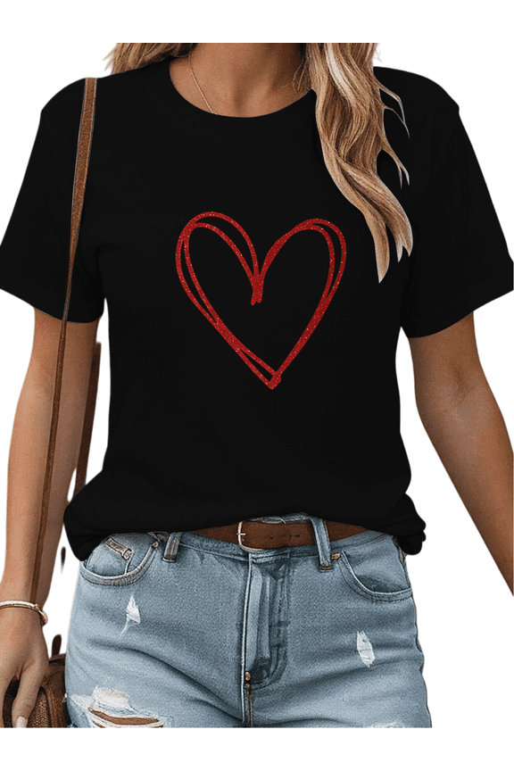 Women's Valentine's Day Glitter Heart Graphic Crew Neck Printed Cotton T-Shirt Black S-5XL