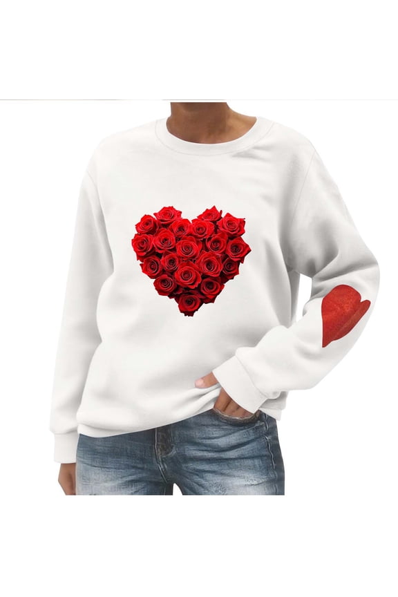 Women's Valentine's Day Heart Elbow-Patch Crewneck Sweatshirt - Loose Vibrant Graphic Top for Multi-Occasion Wear, Thoughtful Gift for Wives, Teachers & Girlfriends