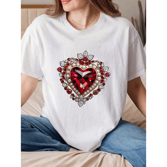 Women’s Valentine’s Day Heart Graphic Cotton Crew Neck Short Sleeve T-Shirt Casual Top