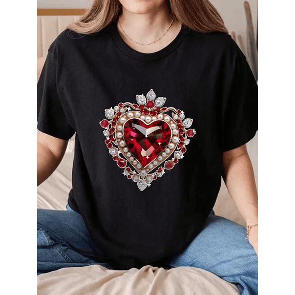 Women’s Valentine’s Day Heart Graphic Cotton Crew Neck Short Sleeve T-Shirt Casual Top