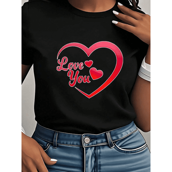 Women’s Valentine’s Day Heart Graphic Cotton Crew Neck Short Sleeve T-Shirt Casual Top