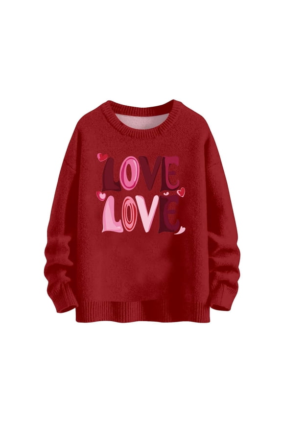 Women's Valentine's Day Heart Knit Sweater - Crewneck Stretch Knitwear for Transitional Seasons, Soft Lightweight Love-Themed Pullover for Romantic Occasions