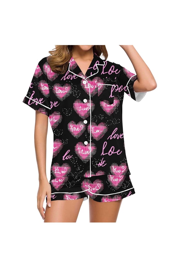 Women's Valentine's Day Heart Print Pajama Set - 2-Piece Short-Sleeve Button-Down Silk-Like Lounge & Sleepwear, Sweet Holiday PJs for Lazy Weekends & Movie Nights