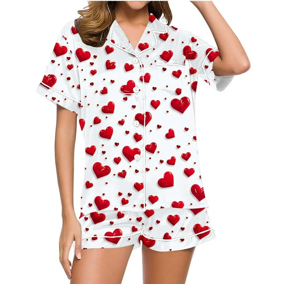 Women's Valentine's Day Heart Print Pajama Set - 2-Piece Short-Sleeve Button-Down Silk-Like Lounge & Sleepwear, Sweet Holiday PJs for Lazy Weekends & Movie Nights