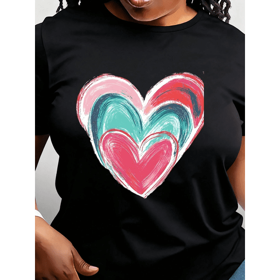 Women’s Valentine’s Day Heart Print Short Sleeve Crewneck Casual T-Shirt
