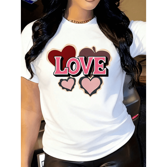 Women’s Valentine’s Day Heart Print Short Sleeve Crewneck Casual T-Shirt