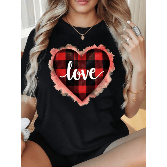 Women’s Valentine’s Day Heart Print Short Sleeve Crewneck Casual T-Shirt