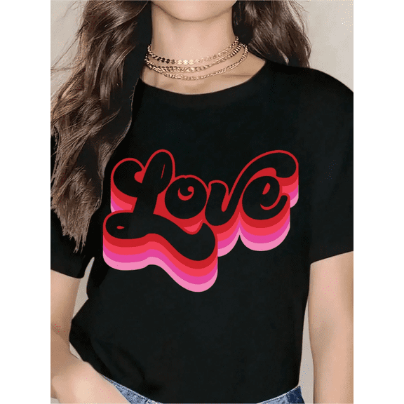 Women’s Valentine’s Day Heart Print Short Sleeve Crewneck Casual T-Shirt