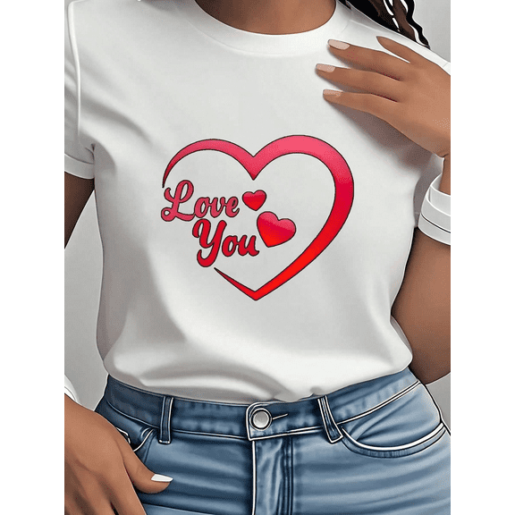 Women’s Valentine’s Day Heart Print Short Sleeve Crewneck Casual T-Shirt