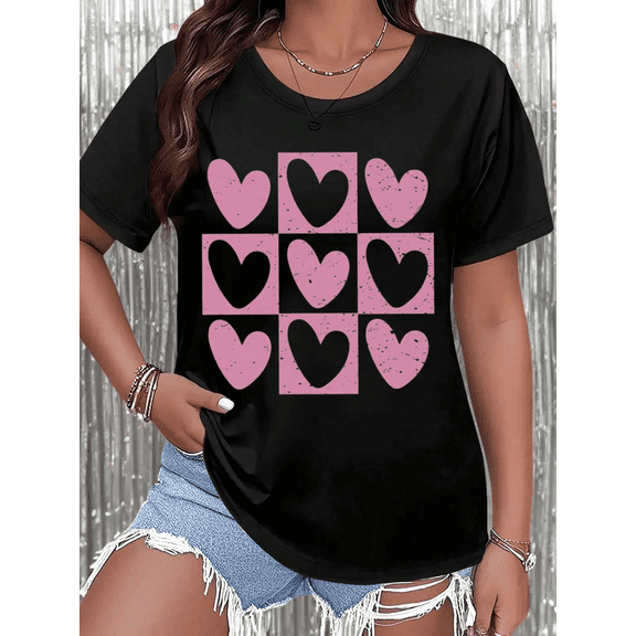 Women’s Valentine’s Day Heart Print Short Sleeve Crewneck Casual T-Shirt