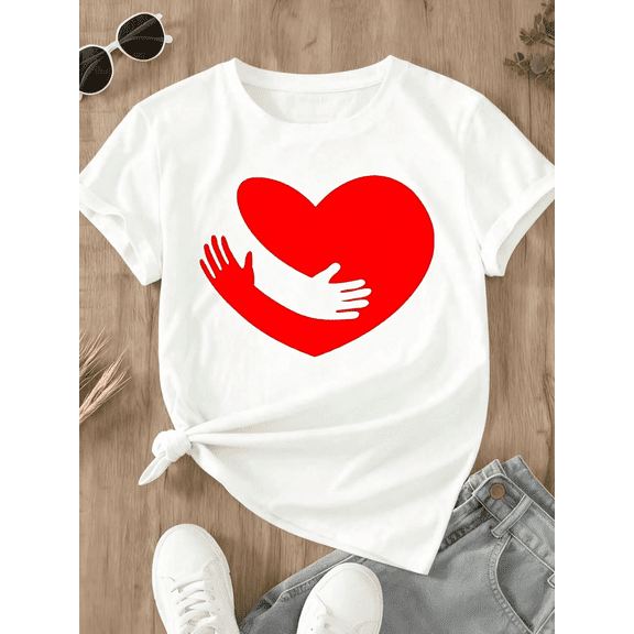 Women’s Valentine’s Day Heart Print Short Sleeve Crewneck Casual T-Shirt