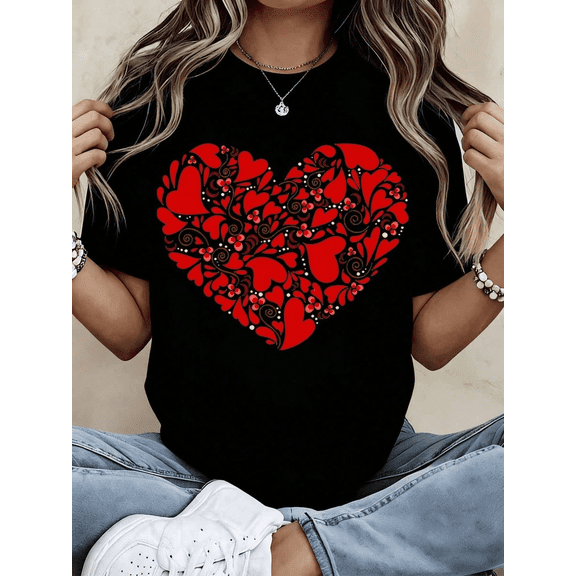 Women’s Valentine’s Day Heart Print Short Sleeve Crewneck Casual T-Shirt
