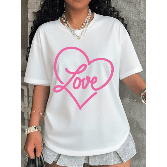 Women’s Valentine’s Day Heart Print Short Sleeve Crewneck Casual T-Shirt