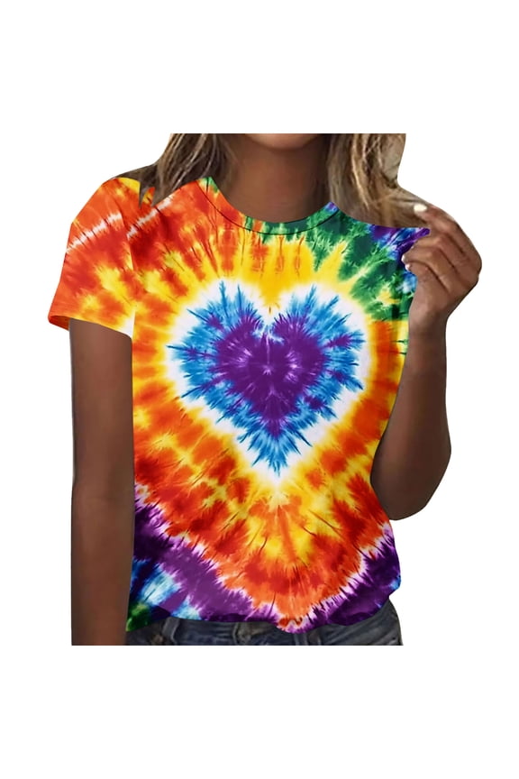 Women's Valentine's Day Heart Print Short-Sleeve Tee - Stretch Polyester-Spandex Casual Round-Neck Blouse, Lightweight Summer Love-Themed Top for Dates & Daily Wear