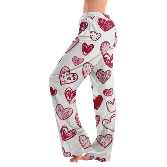 Women's Valentine's Day Heart Print Trousers - Fashionable Loose Casual Pants, Dark Red Size S