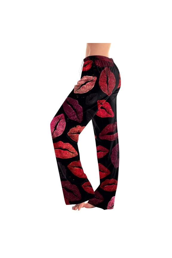 Women's Valentine's Day Heart Print Trousers - Fashionable Loose Casual Pants, Red Size L