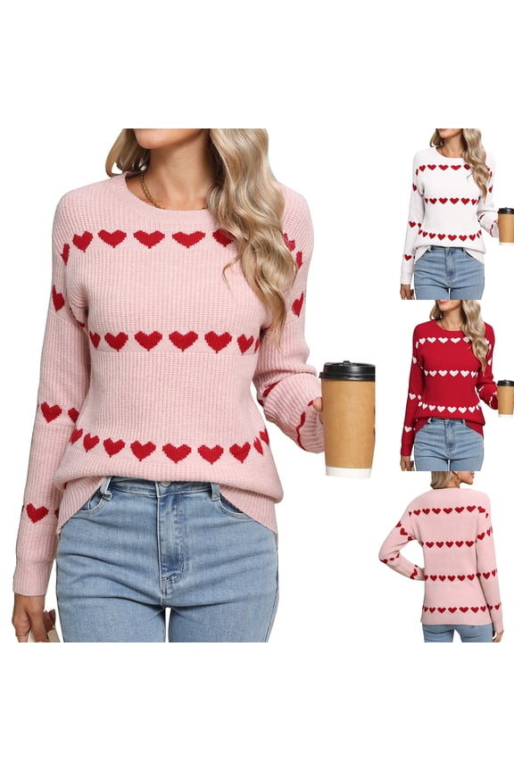 Women's Valentine's Day Heart Pullover Sweater for Valentine's Day Fall Winter Romantic Themes,Pink,XL