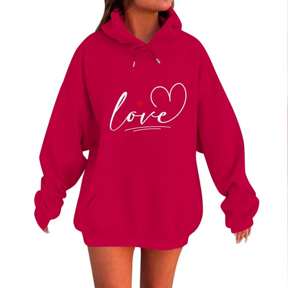 Women's Valentine's Day Hoodie Long Sleeve Drawstring Heart Graphic Print Tunic Sweatshirt for Romantic Red M