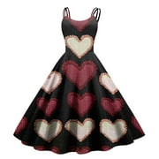 ZUITEH Women's Valentine's Day Love Heart Print Sexy Off Shoulder Vintage Dress Red Dresses for Women Polished Women's Clothing Summer Dresses for Women 2025 L