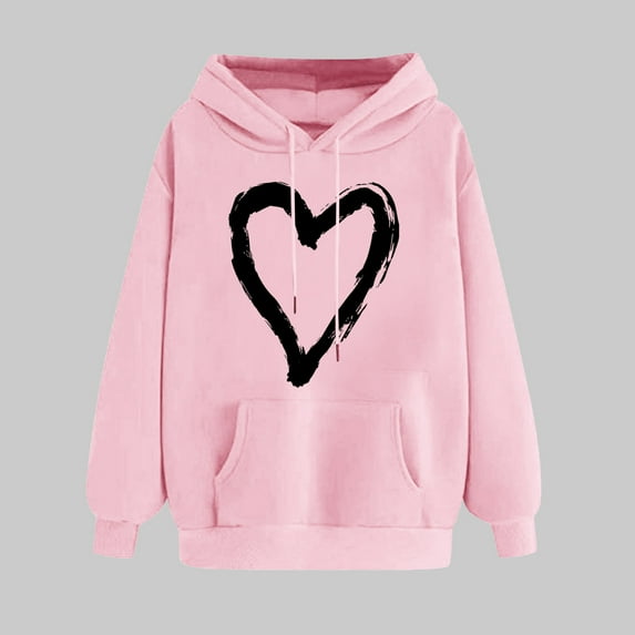 Women's Valentine's Day Oversized Sweatshirt Cute Love Heart Graphiclong Sleeve Loose Hoodie Sweatshirt Tops With Pocket Pink L
