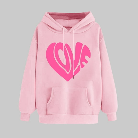 Women's Valentine's Day Oversized Sweatshirt Cute Love Heart Graphiclong Sleeve Loose Hoodie Sweatshirt Tops With Pocket Pink M