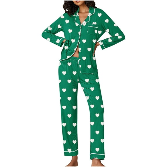 Women's Valentine's Day Pajama 2 Piece Gift Set Cute Hearts Print Long Sleeve Soft Cozy Sleepwear Loungewear Pjs Set Nightwear Green L