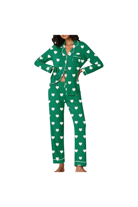 Women's Valentine's Day Pajama 2 Piece Gift Set Cute Hearts Print Long Sleeve Soft Cozy Sleepwear Loungewear Pjs Set Nightwear Green M