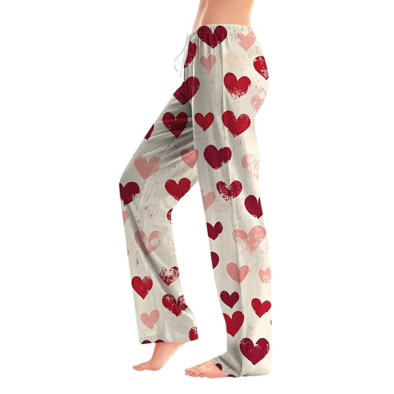 Women's Valentine's Day Pajama Pants Drawstring Wide Leg Lounge Pants Love Heart Print Fashion Casual Stretch Sleep Trousers