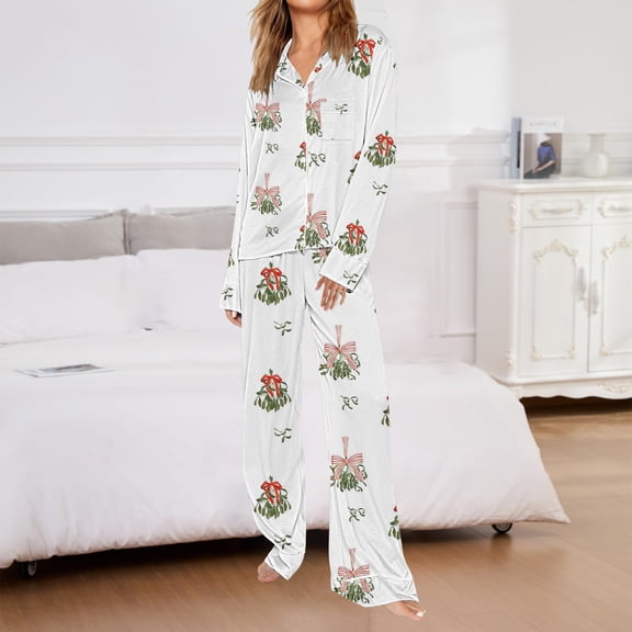 Women's Valentine's Day Pajama Set, Bow Print Long Sleeve Button Down Sleepwear, Loose Fit Matching Pajamas for Sleep, Lounge, Romantic Gift for Her, Valentine's Pajamas for Women