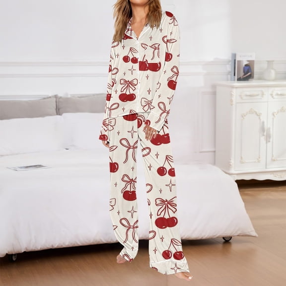 Women's Valentine's Day Pajama Set, Cherry Print Long Sleeve Pajamas, Loose Fit Button Down Sleepwear Set, Cute Matching Pajamas for Valentine's, Galentine's, Sleepover and Gifts