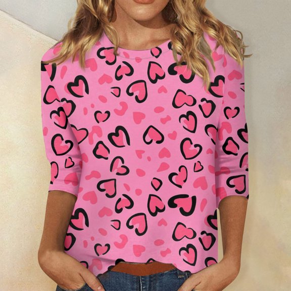 Women's Valentine's Day Print Fashion Casual 3/4 Sleeve Round Neck Top, Lightweight Comfortable Blouse for Spring and Summer Outfits,Watermelon Red,XL