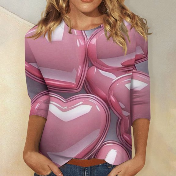 Women's Valentine's Day Print Fashion Casual 3/4 Sleeve Round Neck Top, Lightweight Comfortable Blouse for Spring and Summer Outfits,Gray,S