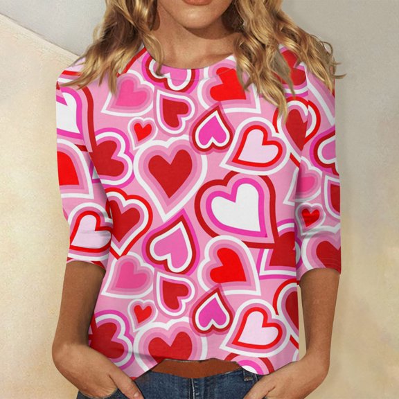 Women's Valentine's Day Print Fashion Casual 3/4 Sleeve Round Neck Top, Lightweight Comfortable Blouse for Spring and Summer Outfits,Hot Pink,XL